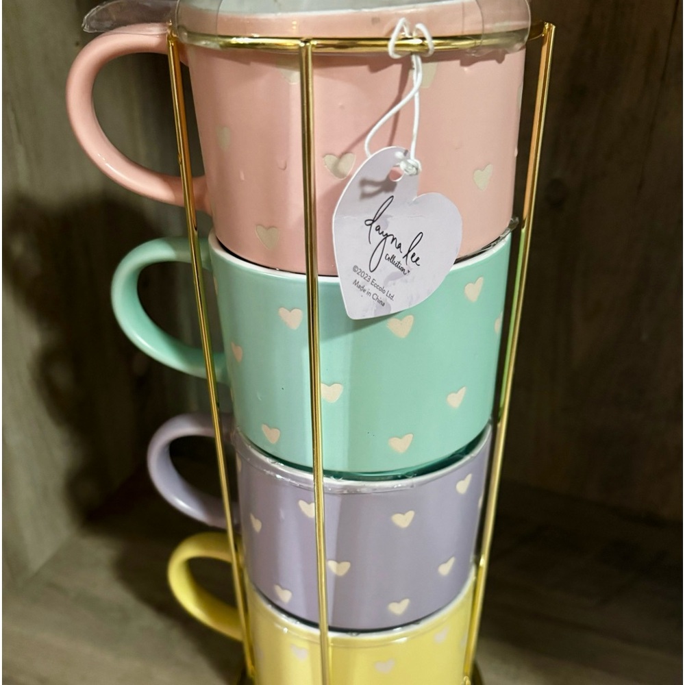 Valentines Hearts Pastel Stackable Mugs Set Valentine Pink Yellow Purple